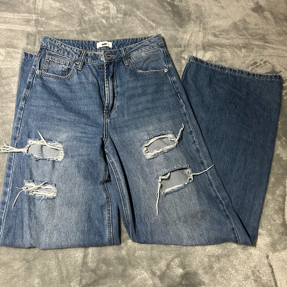 I & M Jeans Denim - High-Rise Distressed Wide-Leg Jeans - Blue